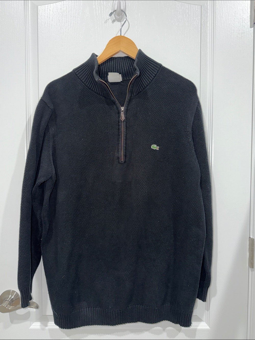 Lacoste Men's Black Quarter-Zip Knit Sweater with Green Croc Logo size large (5)
